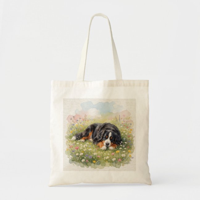 Bernese Mountain Dog Napping In The Wildflower Mea Tote Bag