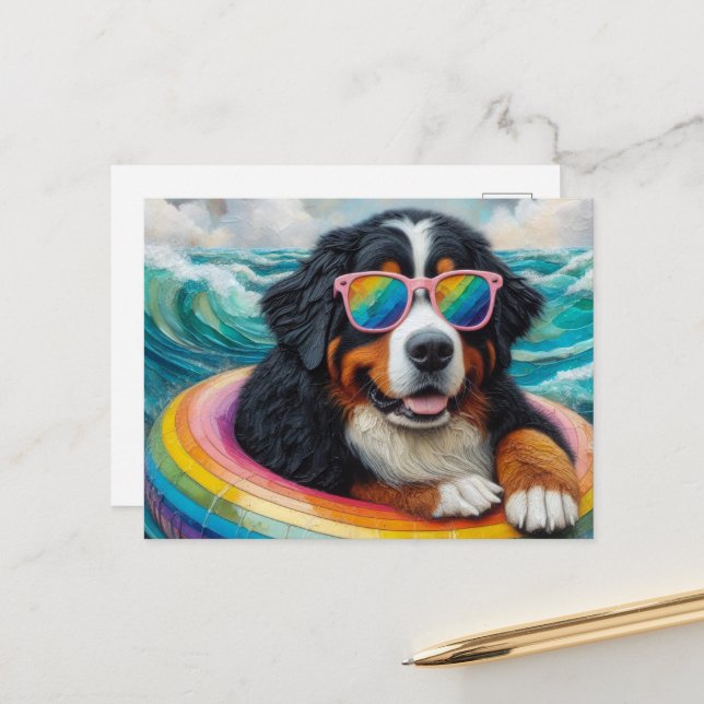 Bernese Mountain Dog on a Rainbow Color Float Postcard (Front/Back In Situ)