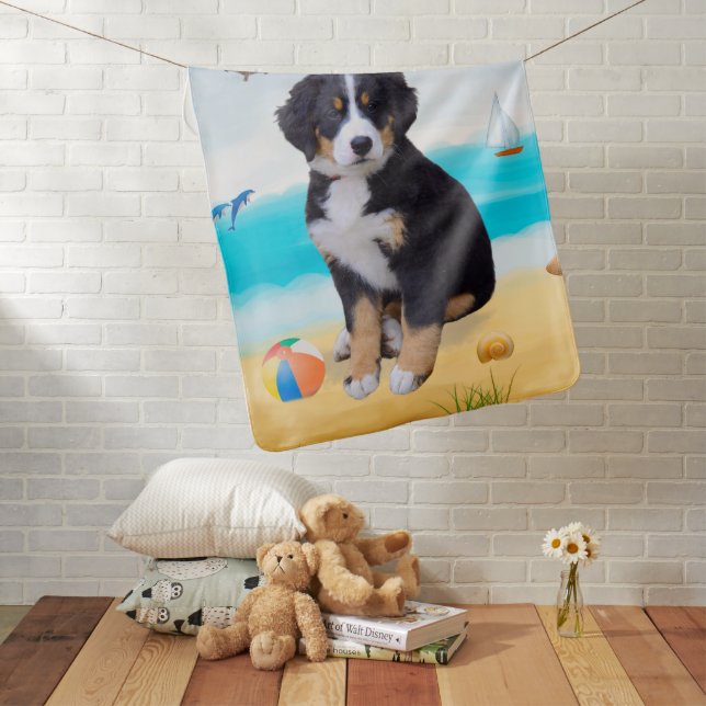 Bernese Mountain Dog on Beach Baby Blanket (In Situ)