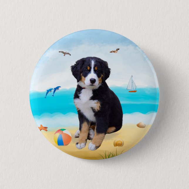 Bernese Mountain Dog on Beach Button (Front)