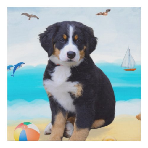 Bernese Mountain Dog on Beach Faux Canvas Print