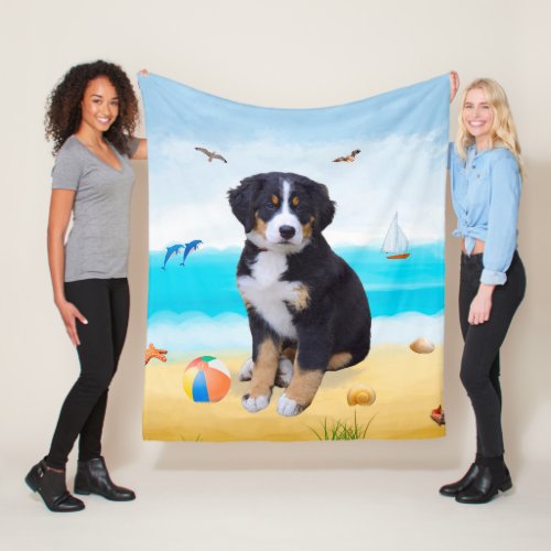 Bernese Mountain Dog on Beach  Fleece Blanket