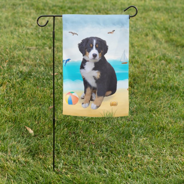 Bernese Mountain Dog on Beach Garden Flag (In SItu)