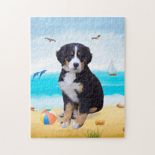 Bernese Mountain Dog on Beach Jigsaw Puzzle