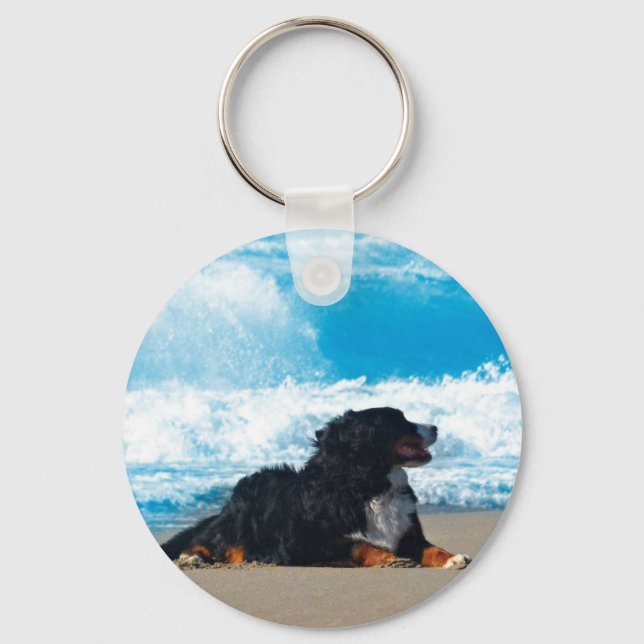 Bernese Mountain Dog on Beach Keychain (Front)