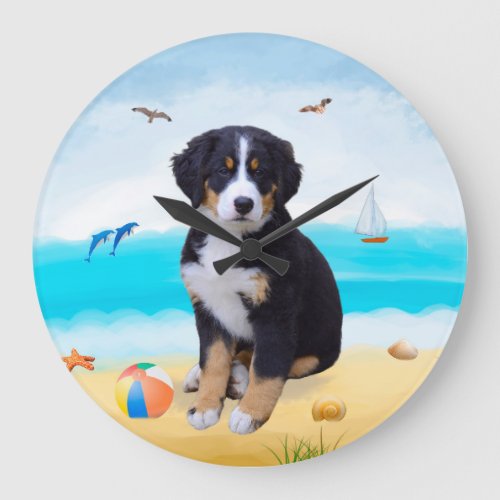 Bernese Mountain Dog on Beach Large Clock