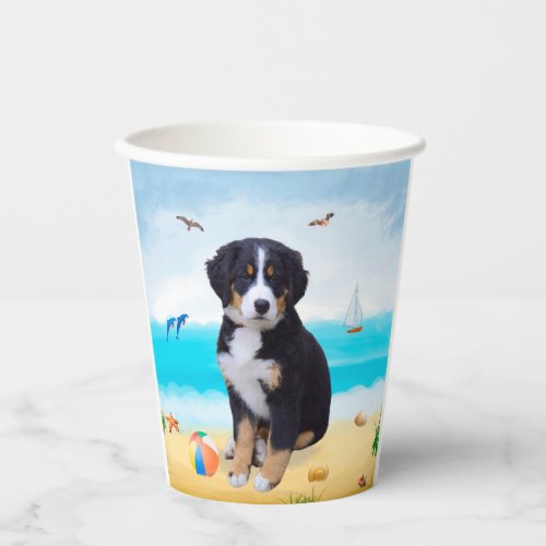 Bernese Mountain Dog on Beach Paper Cups