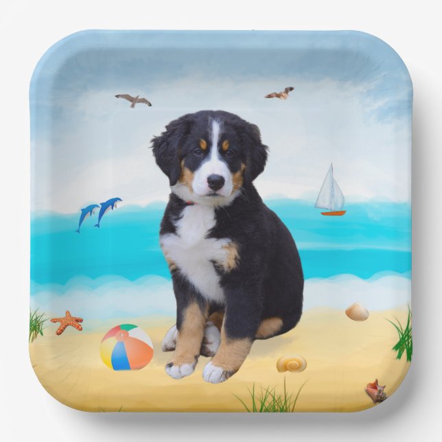Bernese Mountain Dog on Beach Paper Plates (Front)