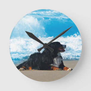 Bernese Mountain Dog on Beach Round Clock