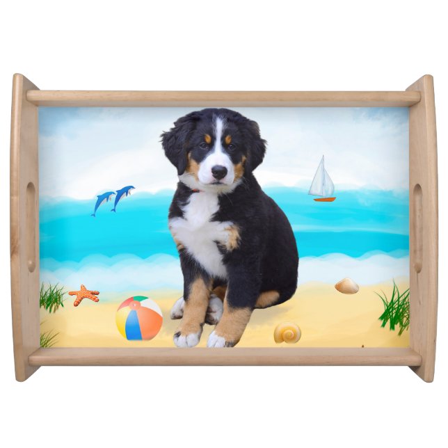 Bernese Mountain Dog on Beach Serving Tray (Front)