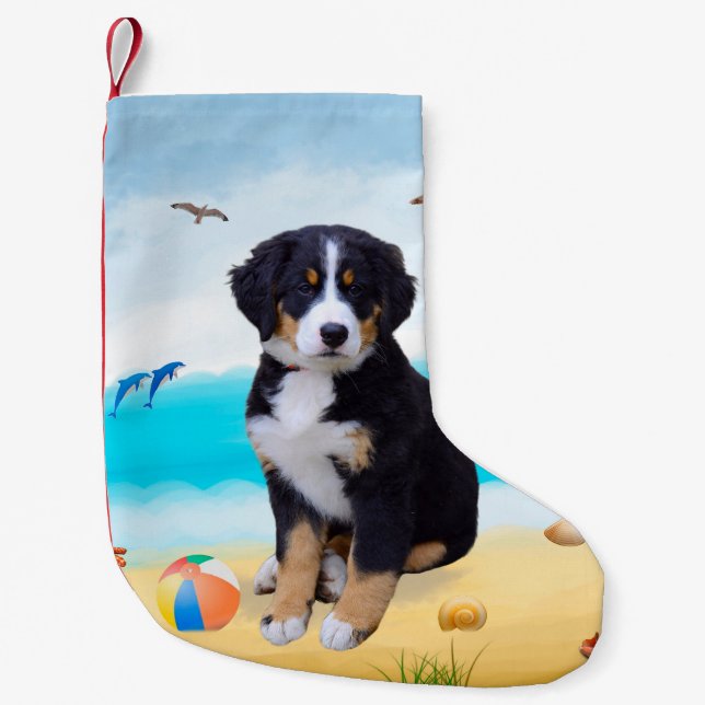 Bernese Mountain Dog on Beach Small Christmas Stocking (Front)