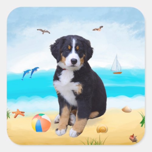 Bernese Mountain Dog on Beach Square Sticker