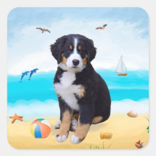 Bernese Mountain Dog on Beach Square Sticker