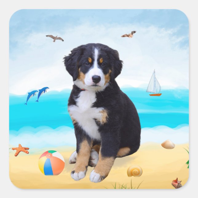 Bernese Mountain Dog on Beach Square Sticker (Front)