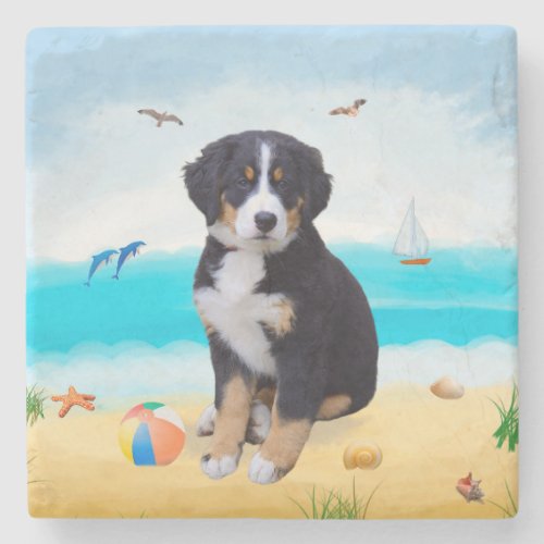 Bernese Mountain Dog on Beach Stone Coaster