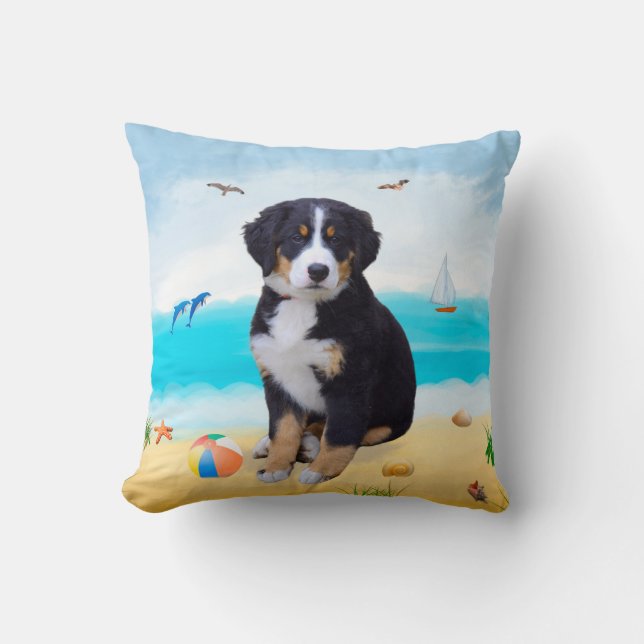 Bernese Mountain Dog on Beach Throw Pillow (Front)
