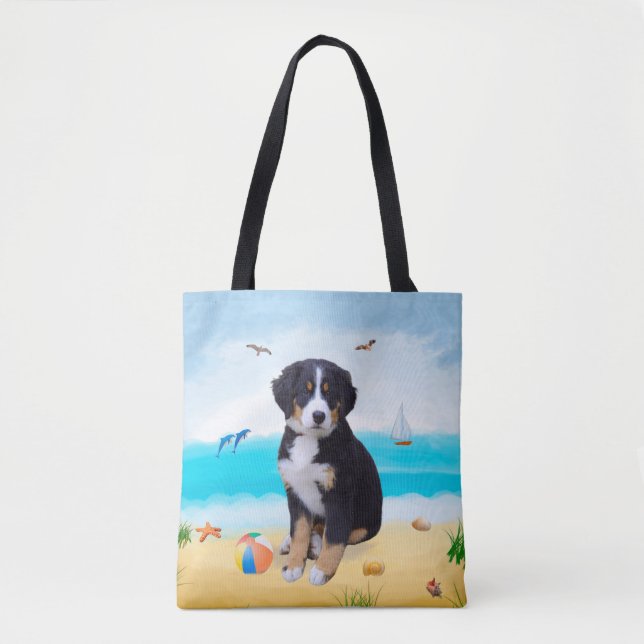 Bernese Mountain Dog on Beach Tote Bag (Front)