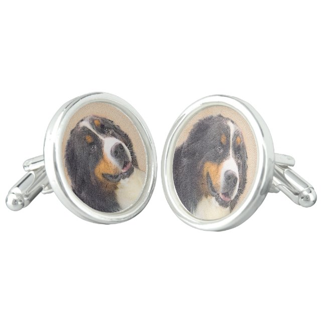 Bernese Mountain Dog Painting - Original Dog Art Cufflinks (Angled)