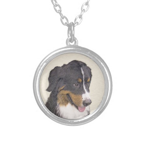 Bernese Mountain Dog Painting _ Original Dog Art Silver Plated Necklace