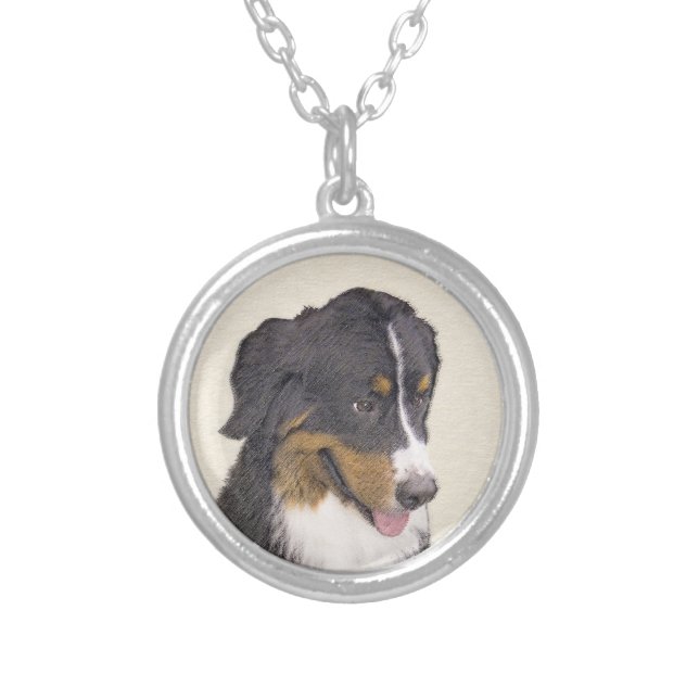Bernese Mountain Dog Painting - Original Dog Art Silver Plated Necklace (Front)
