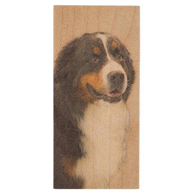 Bernese Mountain Dog Painting - Original Dog Art Wood USB Flash Drive (Back (Vertical))