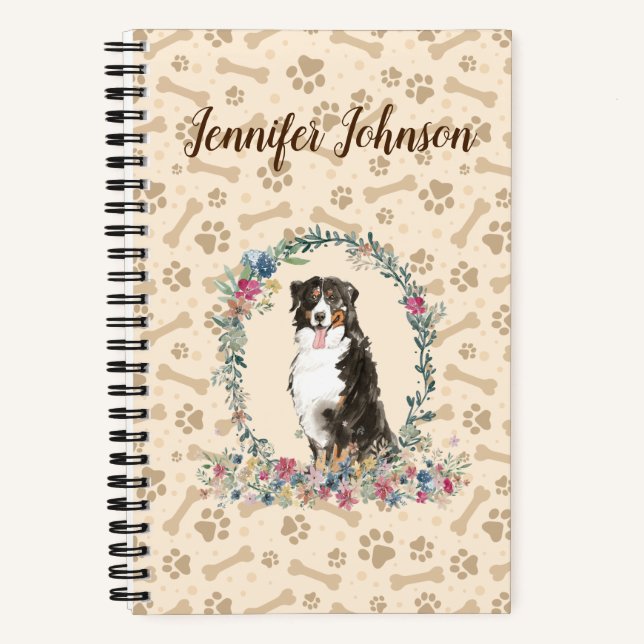 Bernese Mountain Dog Paw Print & Floral Cute Notebook (Front)