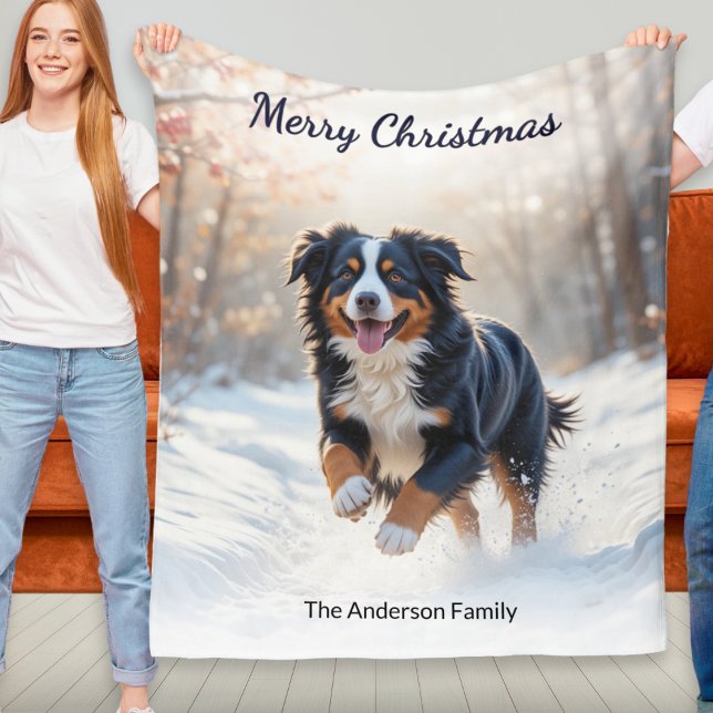 Bernese Mountain Dog Personalized Christmas Throw Fleece Blanket (A personalized Christmas blanket with watercolor-style picture of a Bernese mountain dog in snow)