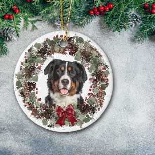 Bernese Mountain Dog Pinecone Wreath Personalized Ceramic Ornament