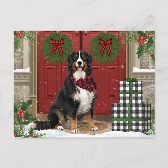 Bernese Mountain Dog Plaid Christmas Holiday Postcard (Front)