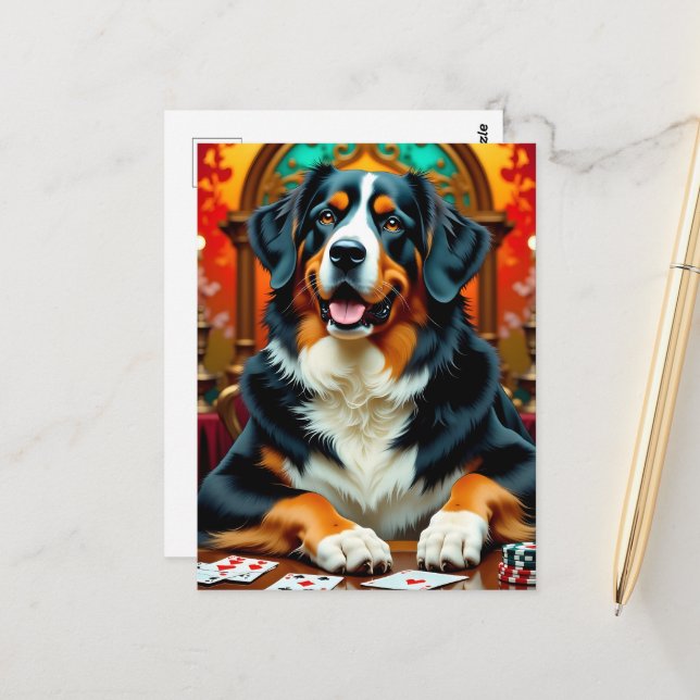 Bernese Mountain Dog playing Poker Postcard (Front/Back In Situ)