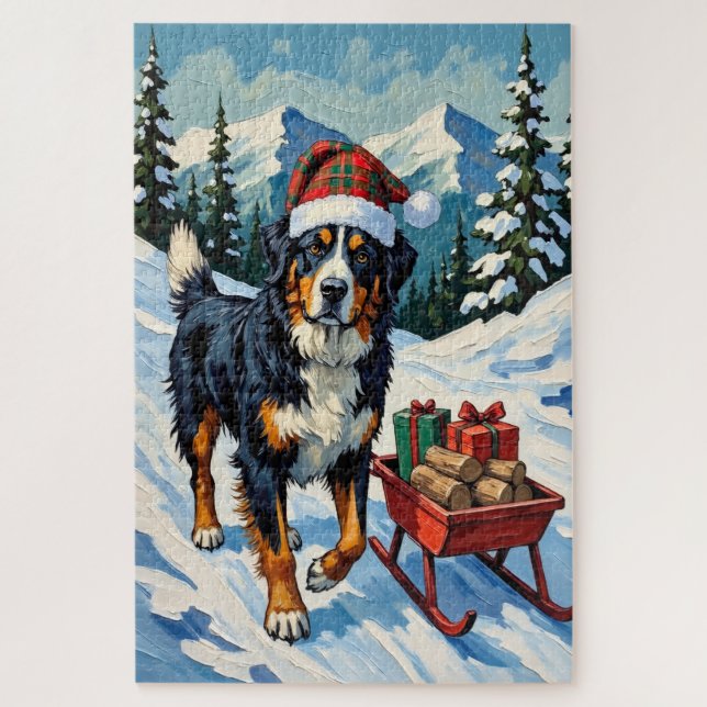 Bernese Mountain Dog Pulling Christmas Sled Hat Jigsaw Puzzle (Vertical)