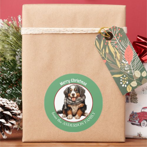 Bernese Mountain Dog Pup in Winter Scarf Christmas Classic Round Sticker