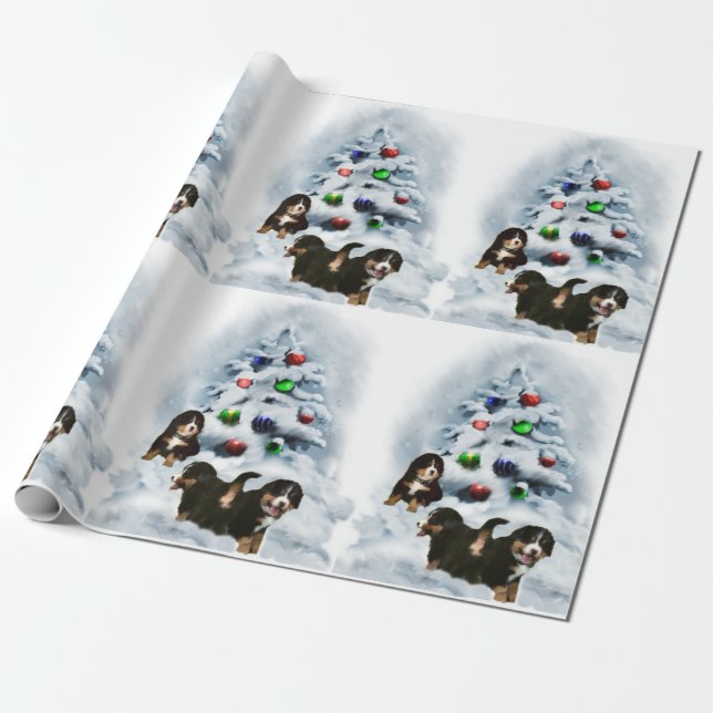 Bernese Mountain Dog Puppies Christmas Wrapping Paper (Unrolled)