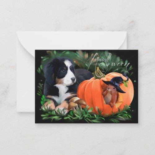 Bernese mountain dog puppy and Halloween pumpkin Note Card