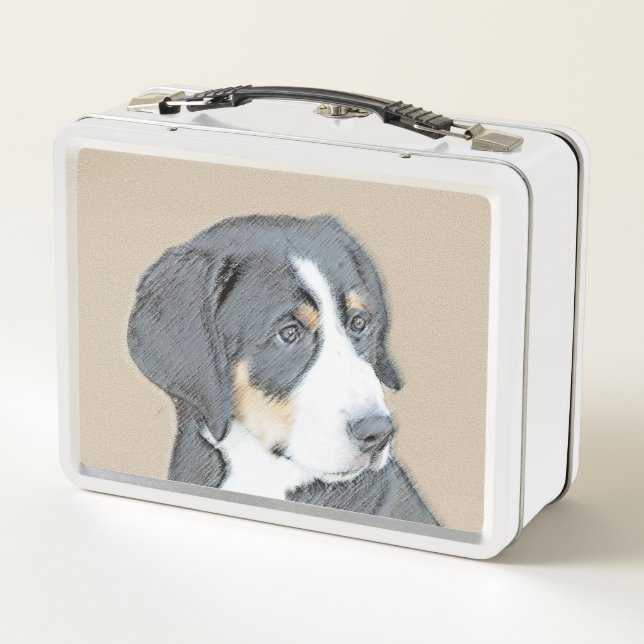 Bernese Mountain Dog Puppy Painting - Original Art Metal Lunch Box (Back)