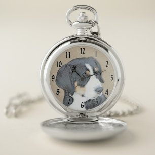 Bernese Mountain Dog Puppy Painting - Original Art Pocket Watch