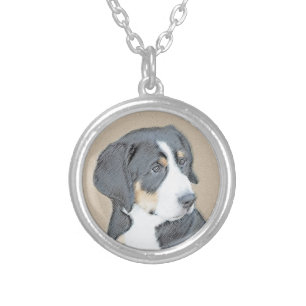 Bernese Mountain Dog Puppy Painting - Original Art Silver Plated Necklace