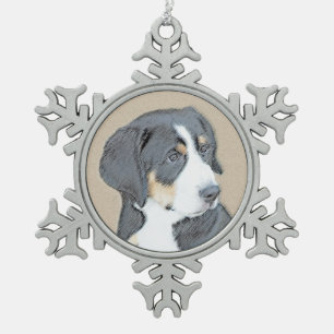Bernese Mountain Dog Puppy Painting - Original Art Snowflake Pewter Christmas Ornament