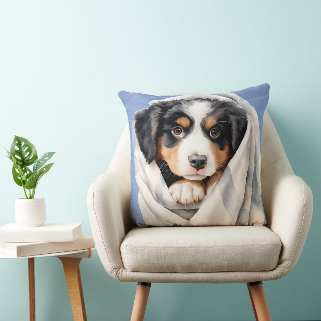 BERNESE MOUNTAIN DOG PUPPY UNDER BLANKET THROW PILLOW (Chair)
