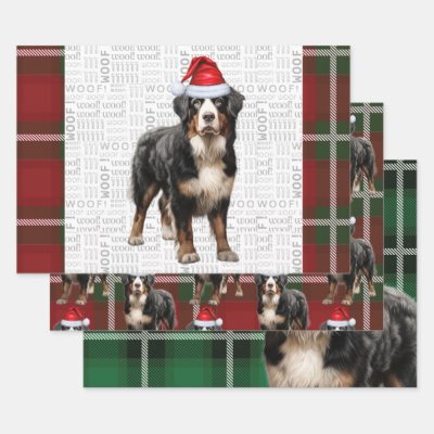 Bernese Mountain Dog Red Green Plaid Holiday Wrapping Paper Sheets
