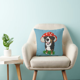 Bernese Mountain Dog Red Mushroom Cap Throw Pillow