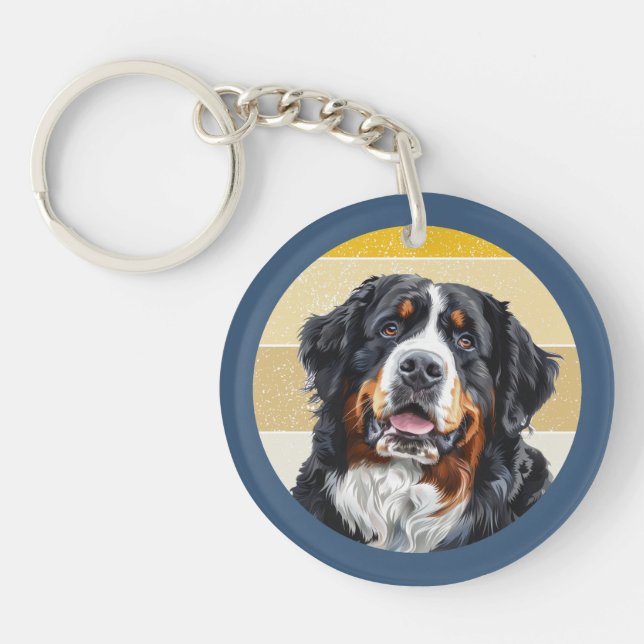 Bernese Mountain Dog Retro Background Keychain (Front)