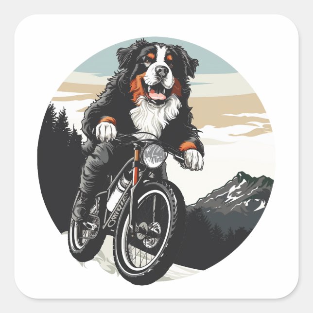Bernese Mountain Dog Riding A Mountain Bike Square Sticker (Front)