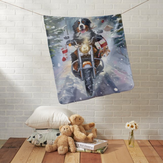 Bernese Mountain Dog Riding Motorcycle Christmas Baby Blanket (In Situ)