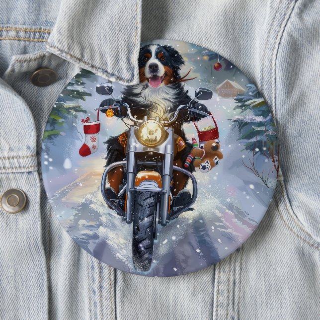Bernese Mountain Dog Riding Motorcycle Christmas Button (In Situ)