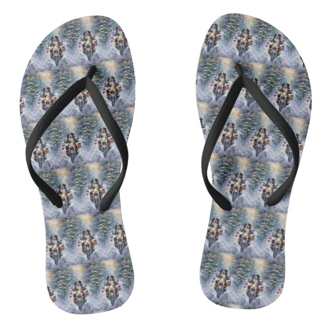 Bernese Mountain Dog Riding Motorcycle Christmas Flip Flops (Footbed)