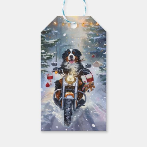 Bernese Mountain Dog Riding Motorcycle Christmas Gift Tags