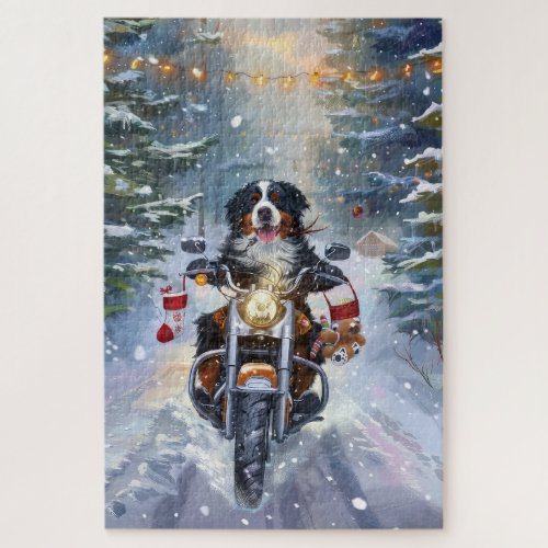 Bernese Mountain Dog Riding Motorcycle Christmas Jigsaw Puzzle