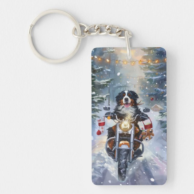 Bernese Mountain Dog Riding Motorcycle Christmas Keychain (Front)