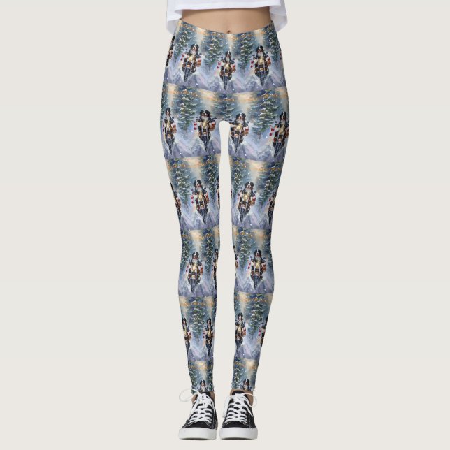 Bernese Mountain Dog Riding Motorcycle Christmas Leggings (Front)